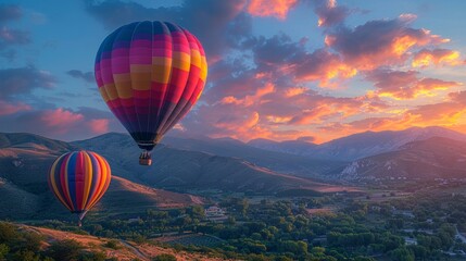 Fototapeta premium Hot air balloons at sunset, glowing sky, colorful balloons, serene landscape, floating over mountains, tranquil and picturesque, AI Generative