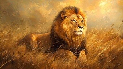 A majestic lion with a thick mane lies in tall golden grass, looking to the side with a serious...