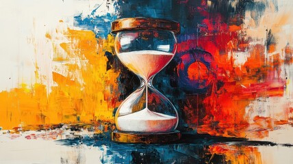 Hourglass rendered in abstract expressionism style, with bold brushstrokes and vivid colors to convey the essence and flow of time in an artistic manner.