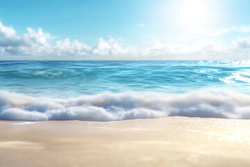 Fototapeta premium Ocean waves crashing on sandy beach. This photo is perfect for travel brochures or websites showcasing tropical destinations.