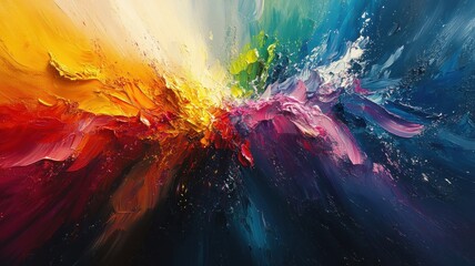 Rainbow rendered in abstract expressionism style, using bold brushstrokes and vivid colors to convey the essence and movement of the spectrum in an artistic manner.