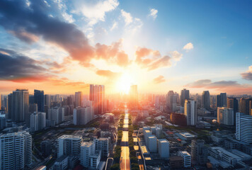 Obraz premium Vibrant Sunset Over Bustling City Skyline