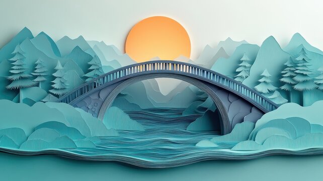 Detailed paper art of a bridge over a river, with intricate cut-outs and textures.