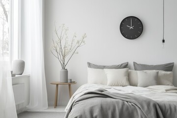 White bedroom with a wall clock and rug on the white floor