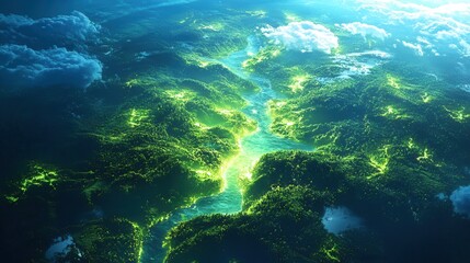 Fototapeta premium Aerial View of Lush Green River Valley Surrounded by Forests and Clouds