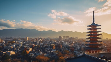 Obraz premium Serene Sunrise with Japanese Pagoda and Cityscape