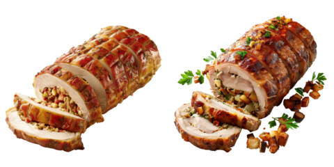 set of stuffed pork loin with a savory filling and golden-brown crust sliced to reveal the stuffing on a transparent background