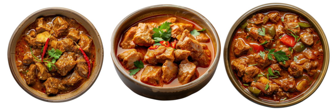 set of pork curry with tender chunks of meat and aromatic spices served in a bowl on a transparent background