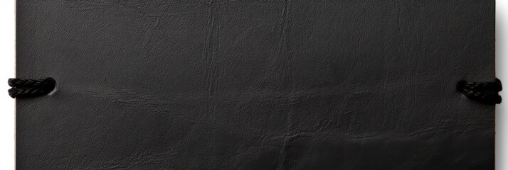 A handmade black leather journal with unique binding on a white background