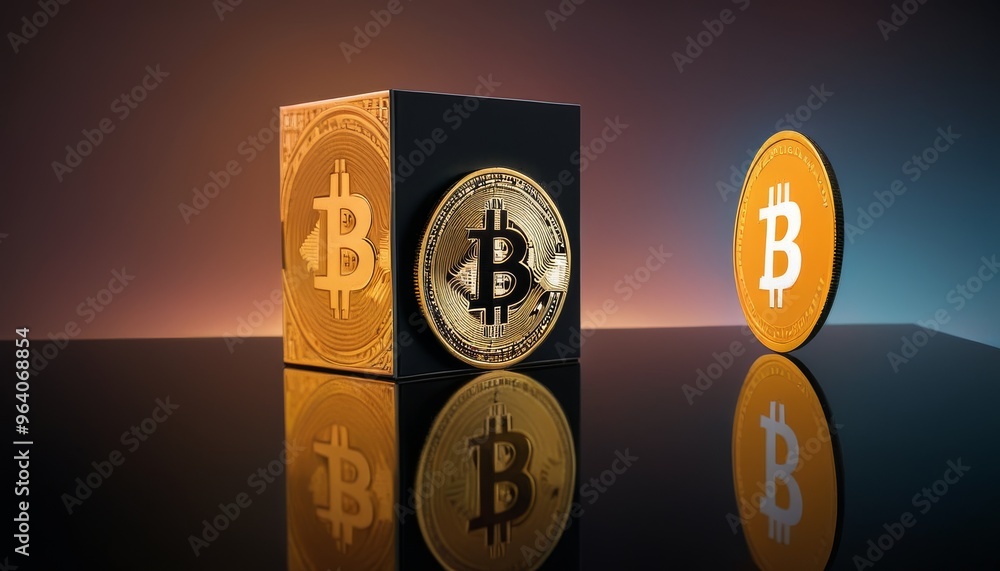 Poster multiple bitcoin coins displayed on a shiny surface with a reflective background. the image captures