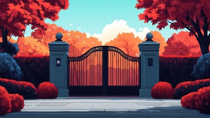 Bold flat design style dimensional gate, with clean lines and solid colors emphasizing geometric shapes.