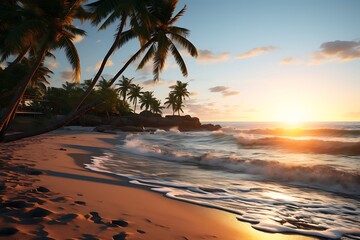 Fototapeta premium Beautiful sunset over the sea with palm trees. 3d render