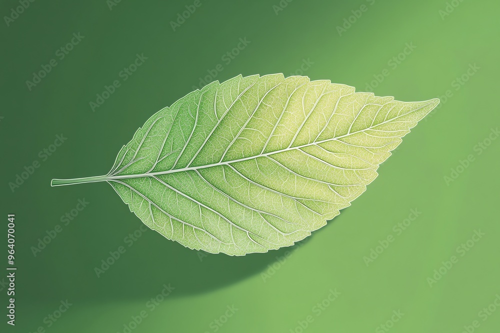 Poster a single green leaf with visible veins sits on a green background with a soft shadow.