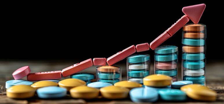 Pills in glass vials forming a rising graph with a red arrow.  Concept of rising healthcare costs, drug addiction, or pharmaceutical industry growth.
