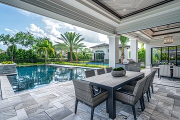 Elegant Miami patio with table and chairs overlooking a pool, tropical palm trees, and paver stone flooring in modern architectural design.