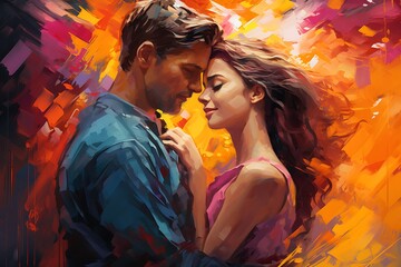 Digital painting of a young couple in love embracing each other in front of colorful background