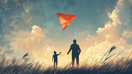 A parent and child flying a kite together on a windy day, with the kite soaring high in the sky