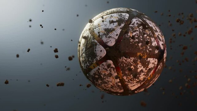 An airborne  muddy soccer football ball spinning in slow motion flying through the air scattering mud dirt particles in its wake