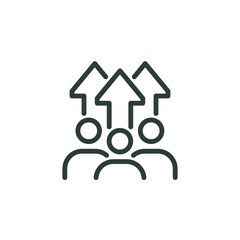 Growth population, professional potential, increase team outline icon. Line sign team of people and three arrows pointing up. Vector isolated pictograms for web on white background editable stroke.
