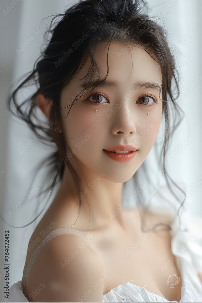 Poster Chinese beauty, with black and smooth hair, Skin is authentic and natural, wearing a simple white dress. Generative AI.