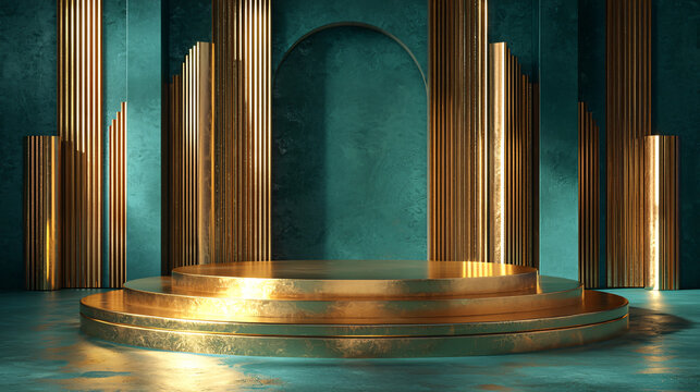 Minimalistic Art Deco Podium with Gold Arches and Sophisticated Design