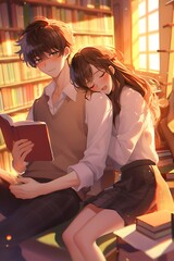 A young man reading a book while a girl rests her head on his shoulder in a library.