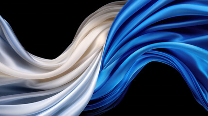 Two flowing, silky fabrics intertwining one in a white and the other in a blue against a black background. The draped materials create smooth, wavelike folds