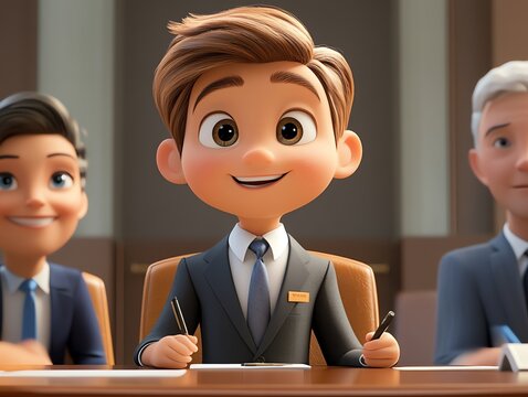 A young cartoon businessman sits at a conference table, smiling and holding a pen. He is wearing a suit and tie and has a name tag on his jacket. He appears to be in a meeting with other businessmen.