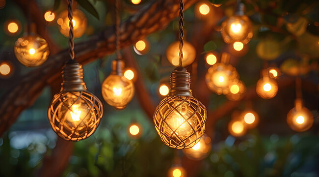 A string lights, multiple golden round shaped light bulbs hanging from thin wire with clear LED lights, rustic look, hanging in a tree, providing warm lighting in a natural setting. Generative AI.
