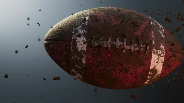 An airborne  muddy american football ball spinning in slow motion flying through the air scattering mud dirt particles in its wake