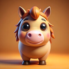 Fototapeta premium A very cute, chubby cartoon-style horse, featuring a big round head, a big round body, and large expressive eyes. The design includes low-detail geometry with a clean colors background.
