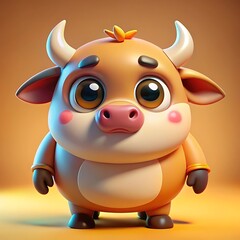 A very cute, chubby cartoon-style ox, featuring a big round head, a big round body, and large expressive eyes. The design includes low-detail geometry with a clean colors background.