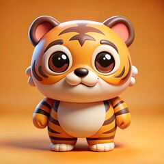 A very cute, chubby cartoon-style tiger, featuring a big round head, a big round body, and large expressive eyes. The design includes low-detail geometry with a clean colors background.