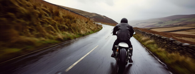 Obraz premium Motorcyclist on a Wet Countryside Road Adventure