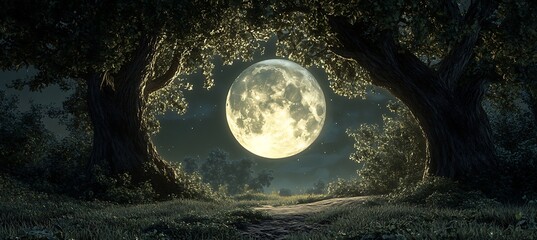 Fototapeta premium A dark, moonlit forest with a large central space for text