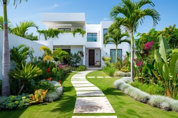 Tropical Home with White Walls, Green Grass, Plants, Trees, Flowers, and Curved Path Leading to Garden Area in Caribbean Resort Style