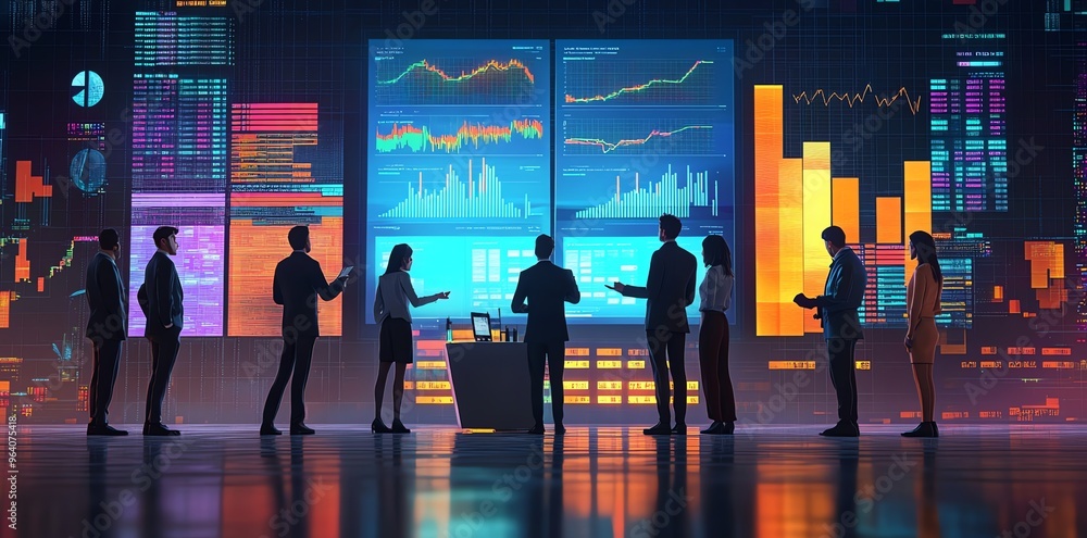 Aufkleber business people stand in front of a large screen displaying charts and graphs.