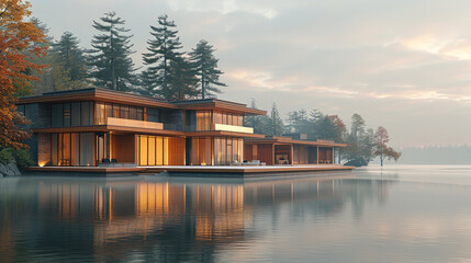 An architectural Hotel on the shore of Lake flying over water, made from wood and concrete in shades of brown and gray. The structure is reflected in calm waters, surrounded by trees. Generative AI.