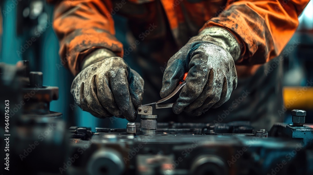 Aufkleber a close-up of a mechanic's hands working on a machine. this image can be used to illustrate a story 