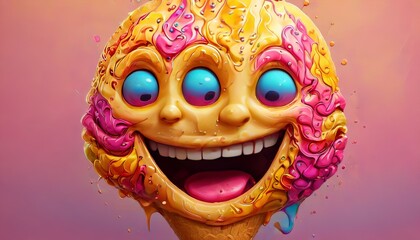 A vibrant and playful ice cream cone with a smiling face, decorated in a mix of pink, yellow, and orange colors. This cheerful dessert is perfect for adding a touch of joy to any summer day or