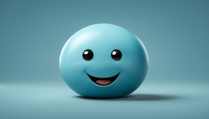 3D illustration of a blue smiling emoji with big eyes and an open mouth on a light blue background. This cute and friendly character brings a sense of calm and joy, ideal for enhancing online