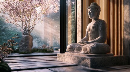 A serene Buddha statue sits in a tranquil setting, with a blossoming cherry tree and soft sunlight streaming through a window.