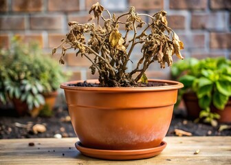 Withered dying plant in pot dry leaves