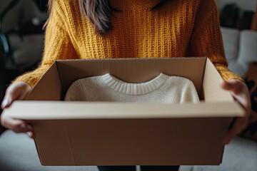 A woman holds a box with a sweater inside. This image can be used to represent online shopping, returning items, or donating clothes.