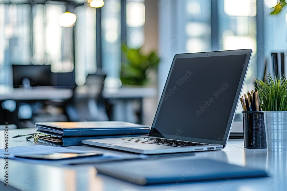 Poster laptop on an office desk with files. this image depicts a professional setting and is ideal for mark