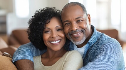 Obraz premium happy couple embracing and smiling in their new home