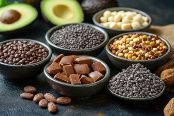 Fototapeta premium Chocolate chips, squares, and beans in bowls. Perfect for a food blog, magazine, or advertising for chocolate products.