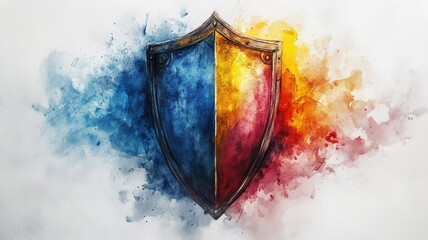 Watercolor style shield with fluid brushstrokes and dynamic shading.