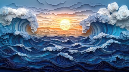 Paper art style sea with layered cut-outs and intricate details.