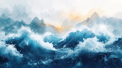 Watercolor style sea with fluid brushstrokes and dynamic shading.
